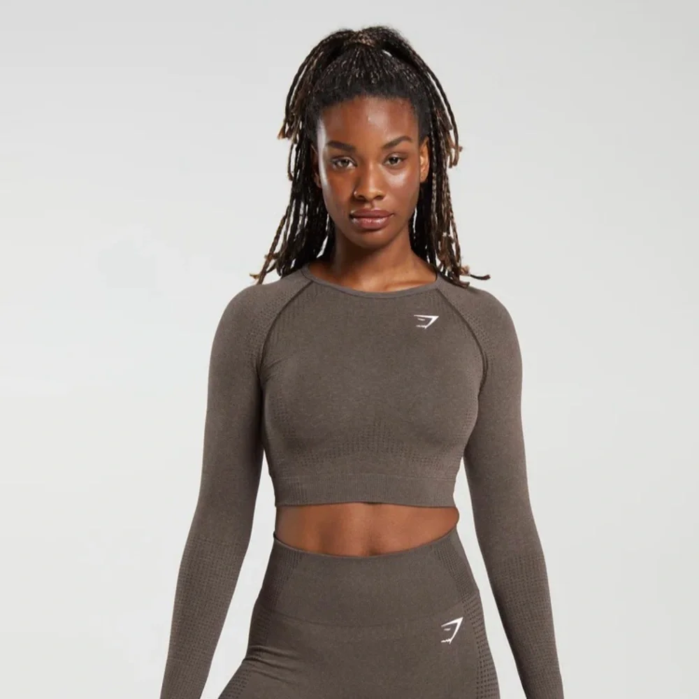 Gymshark Womens Vital Seamless 2.0 Long Sleeve Crop Top | S,M | Brown Marl NEW!! - Picture 1 of 12